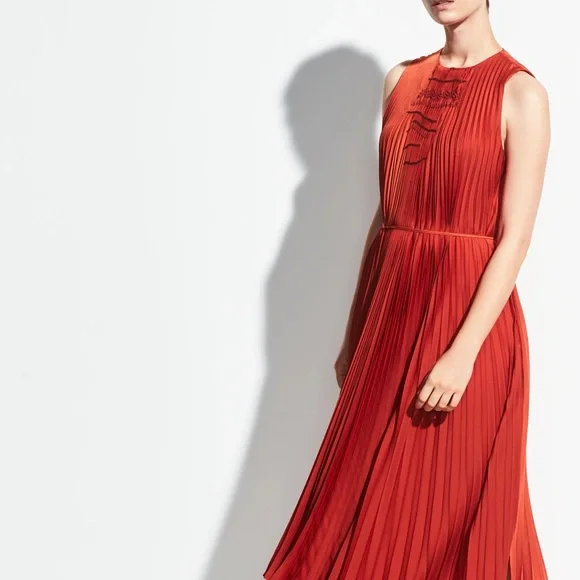 Vince Pleated Scoop-Neck Sleeveless Shift Dress, Red, Women's, XX-S Vince Pleated Scoop-Neck Sleeveless Shift Dress, Red, Women's, XX-S
